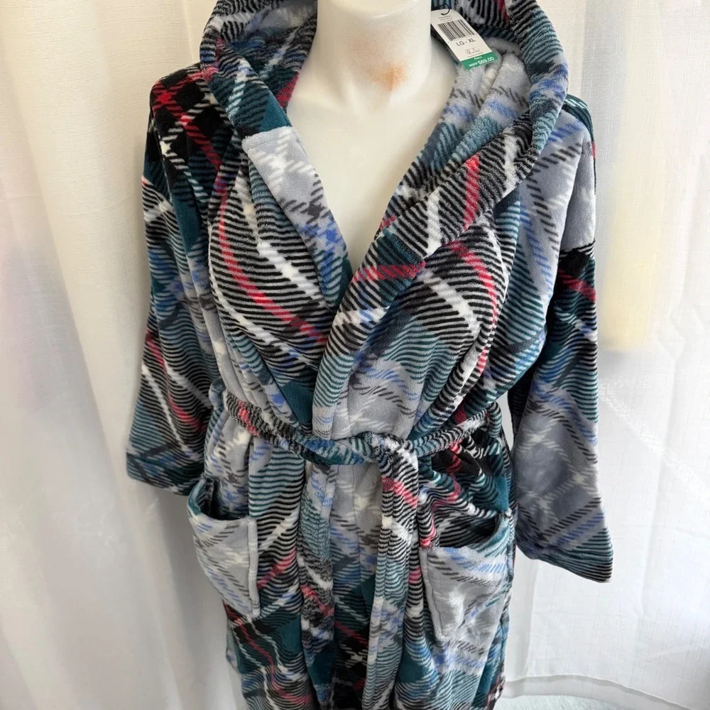 Vera‎ Bradley Fleece Robe Size XL Red Blue Plaid Hooded Lounge Comfy Cabincore